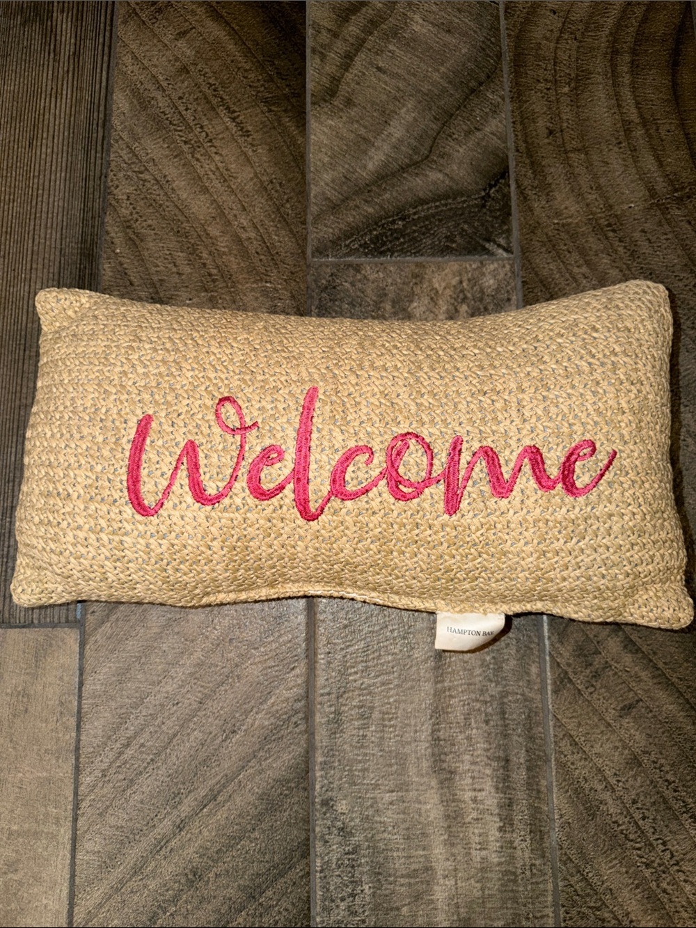 Beige Woven 'Welcome' Accent Pillow with Pink Embroidery 21”x11”
